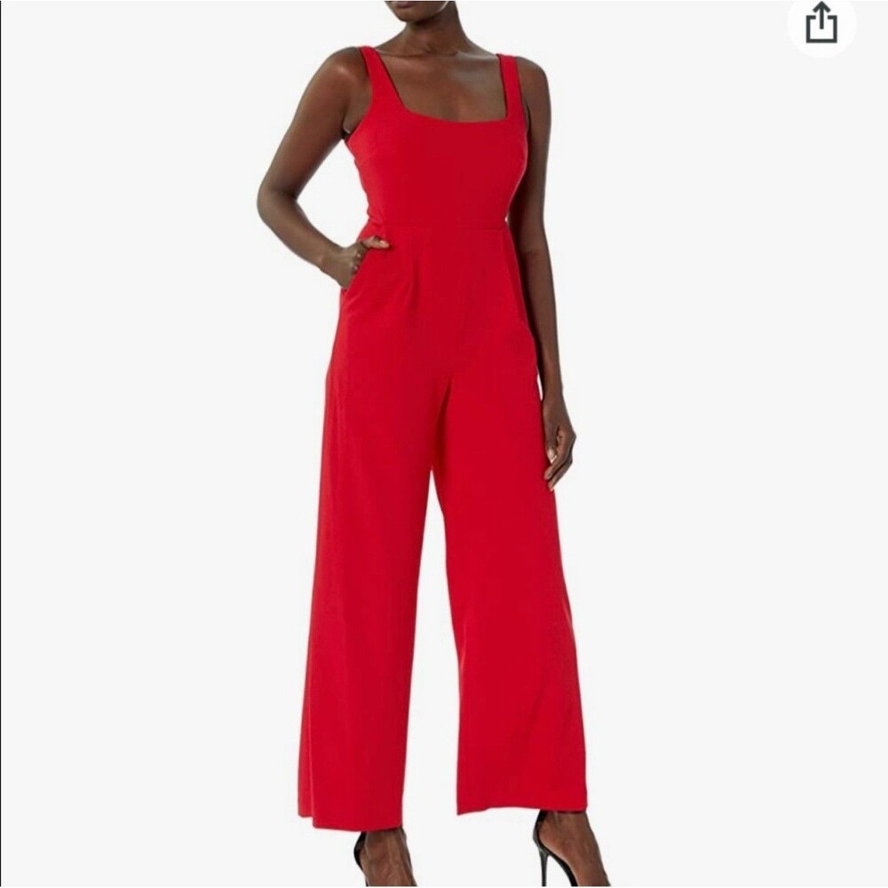 Calvin Klein Jumpsuit, Women's 8, Red, Square Neck, Pockets, Side Zip